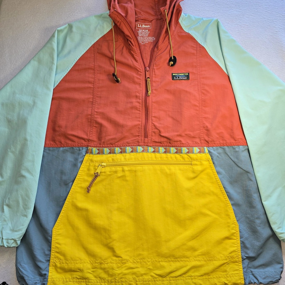LL Bean Mountain Classic Anorak Jacket 1X Plus Retro Multi Color Colorblock Wind